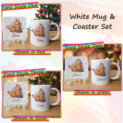 Gingerbread House Christmas Mug and Coaster Set - Hot Chocolate Mug with Name