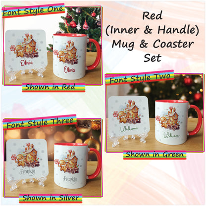 Gingerbread House Christmas Mug and Coaster Set - Hot Chocolate Mug with Name