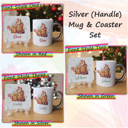 Gingerbread House Christmas Mug and Coaster Set - Hot Chocolate Mug with Name