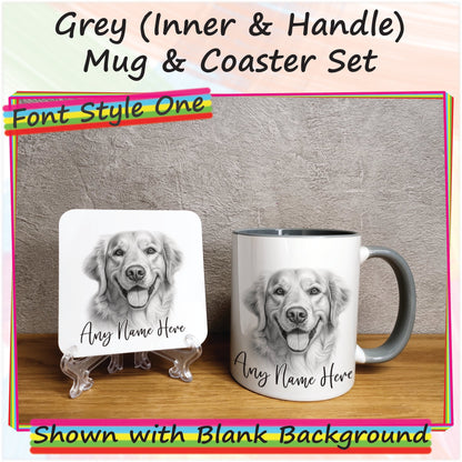 Custom Golden Retriever Mug, Sketched Personalised Dog Mug & Coaster Set