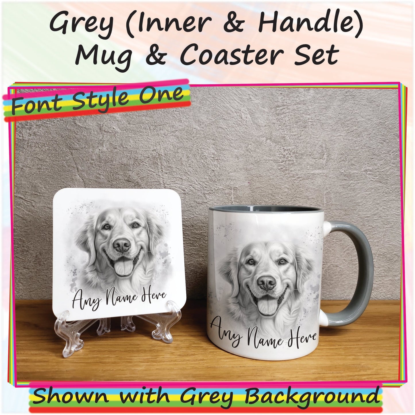 Custom Golden Retriever Mug, Sketched Personalised Dog Mug & Coaster Set