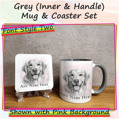 Custom Golden Retriever Mug, Sketched Personalised Dog Mug & Coaster Set