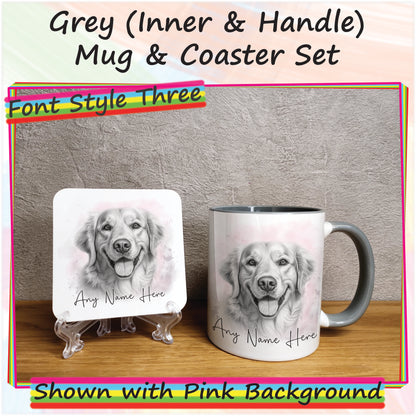 Personalised Sketched Golden Retriever 11oz Ceramic Mug & Coaster Set