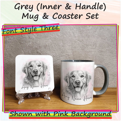 Personalised Golden Retriever Mug, Sketched Dog Mug & Coaster Set