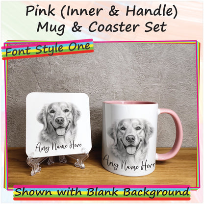 Custom Golden Retriever Mug, Sketched Personalised Dog Mug & Coaster Set