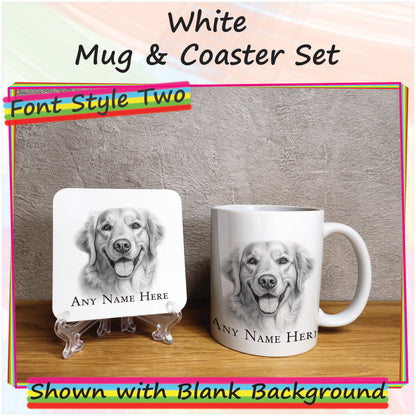 Personalised Sketched Golden Retriever 11oz Ceramic Mug & Coaster Set