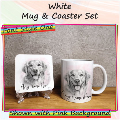 Personalised Sketched Golden Retriever 11oz Ceramic Mug & Coaster Set