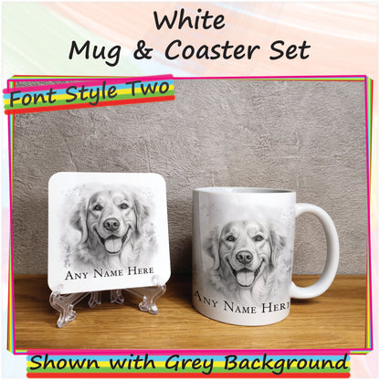 Personalised Sketched Golden Retriever 11oz Ceramic Mug & Coaster Set