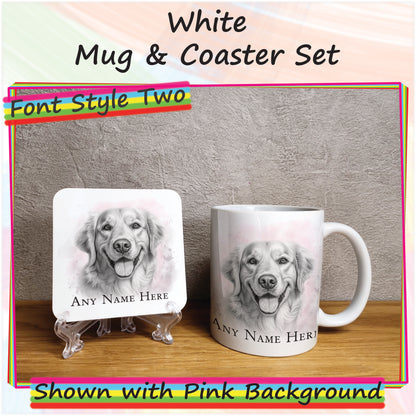 Personalised Sketched Golden Retriever 11oz Ceramic Mug & Coaster Set