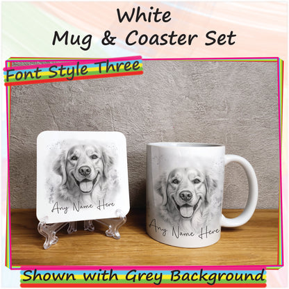 Personalised Sketched Golden Retriever 11oz Ceramic Mug & Coaster Set