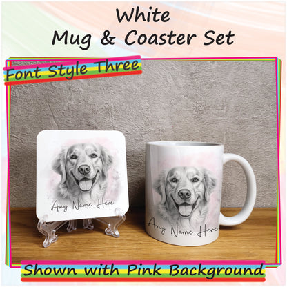 Personalised Sketched Golden Retriever 11oz Ceramic Mug & Coaster Set