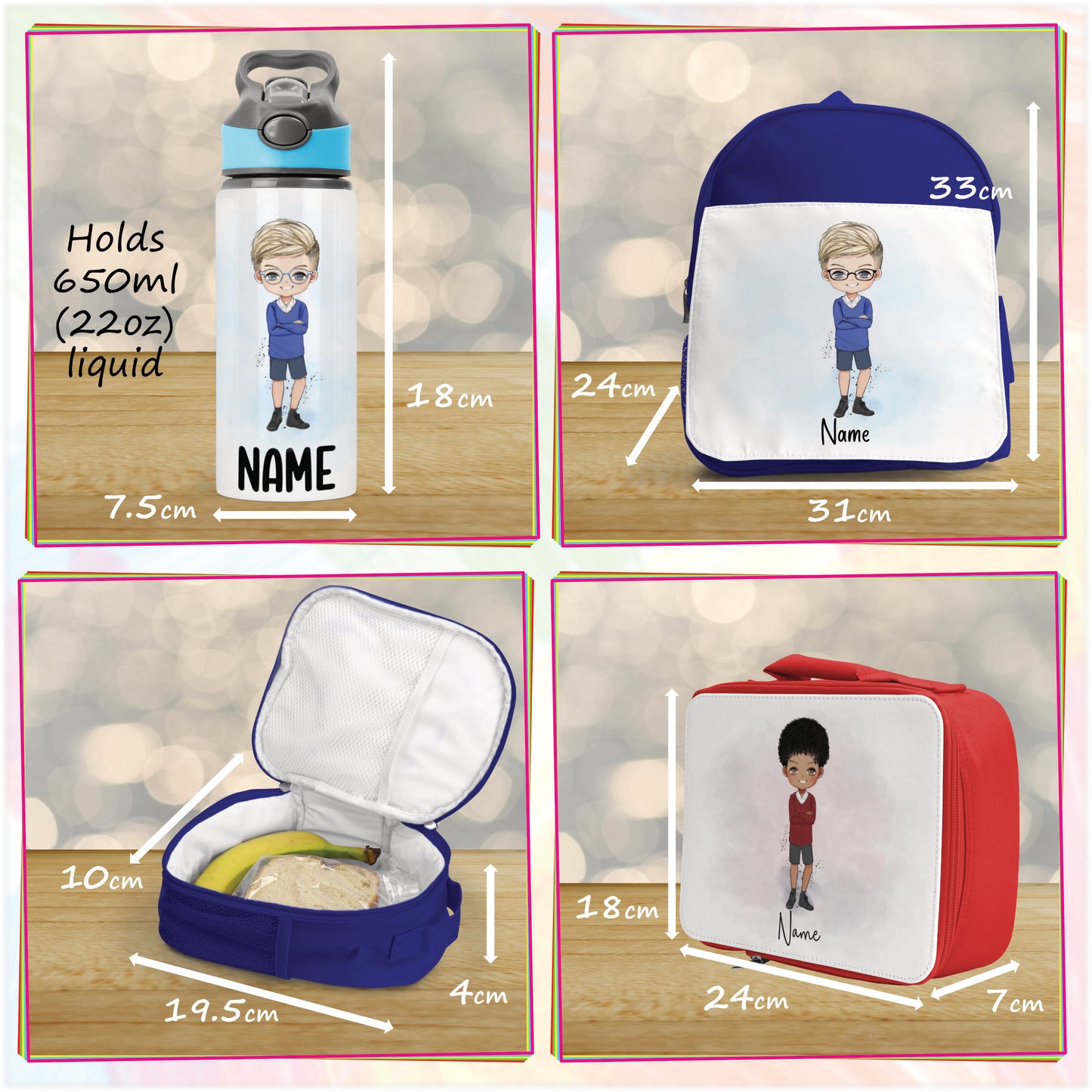 Personalised School Boy Bottle, Backpack and Lunch Bag Bundle