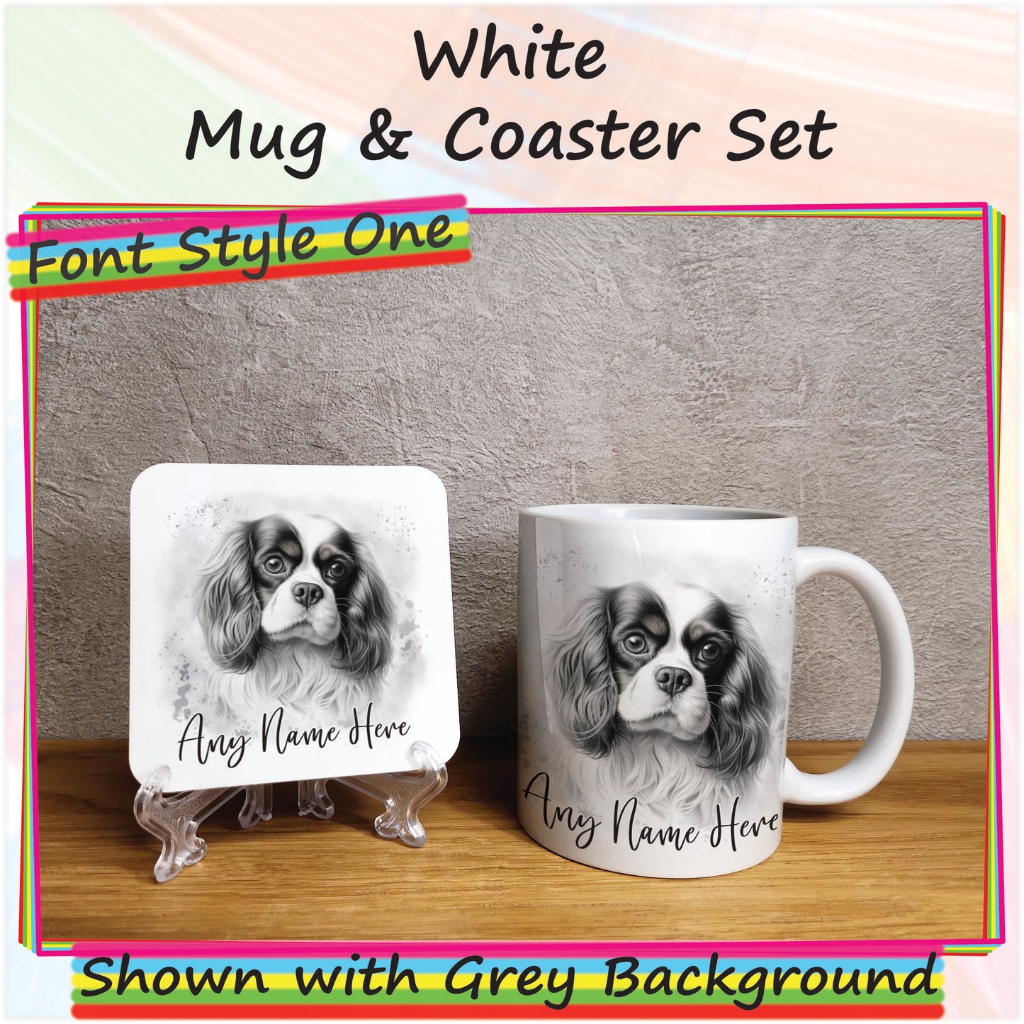 Personalised Sketched King Charles Cavlier 11oz Ceramic Mug & Coaster Set