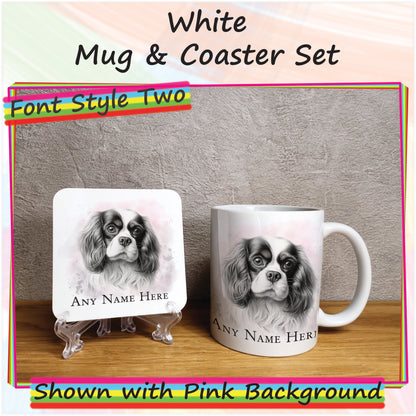 Personalised Sketched King Charles Cavlier 11oz Ceramic Mug & Coaster Set