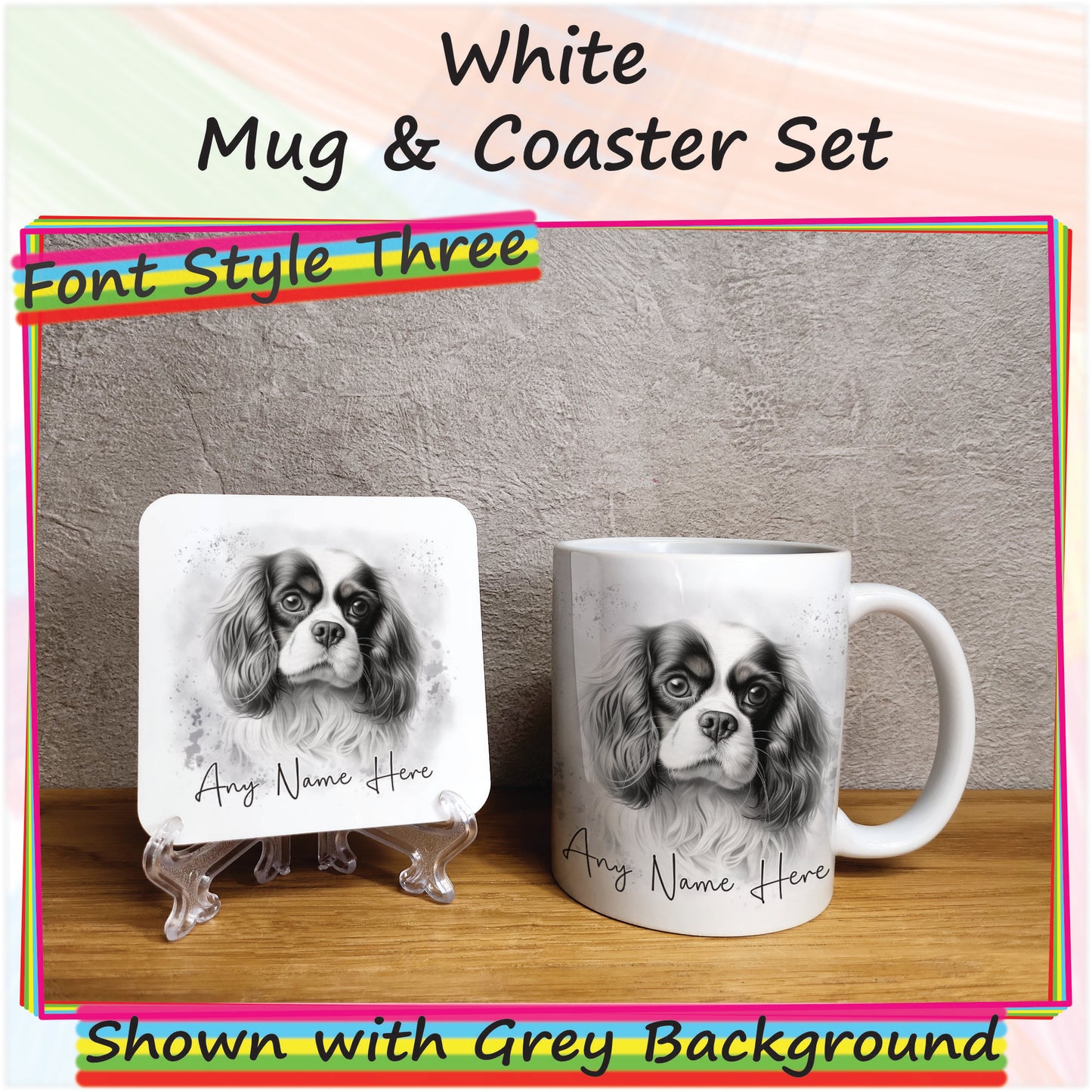 Personalised Sketched King Charles Cavlier 11oz Ceramic Mug & Coaster Set