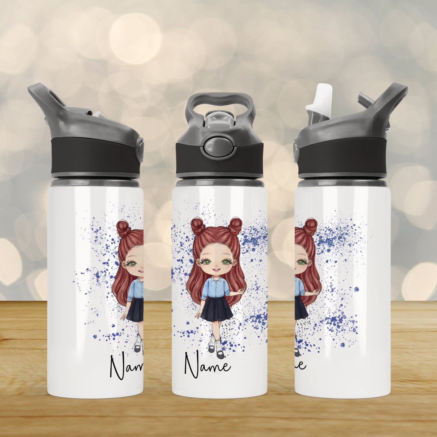 Personalised School Girl Aluminium Water Bottle with Straw