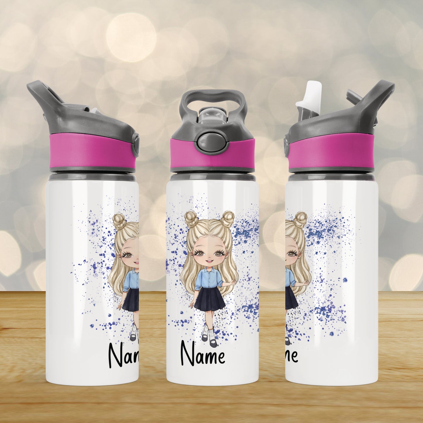 Personalised School Girl Aluminium Water Bottle with Straw