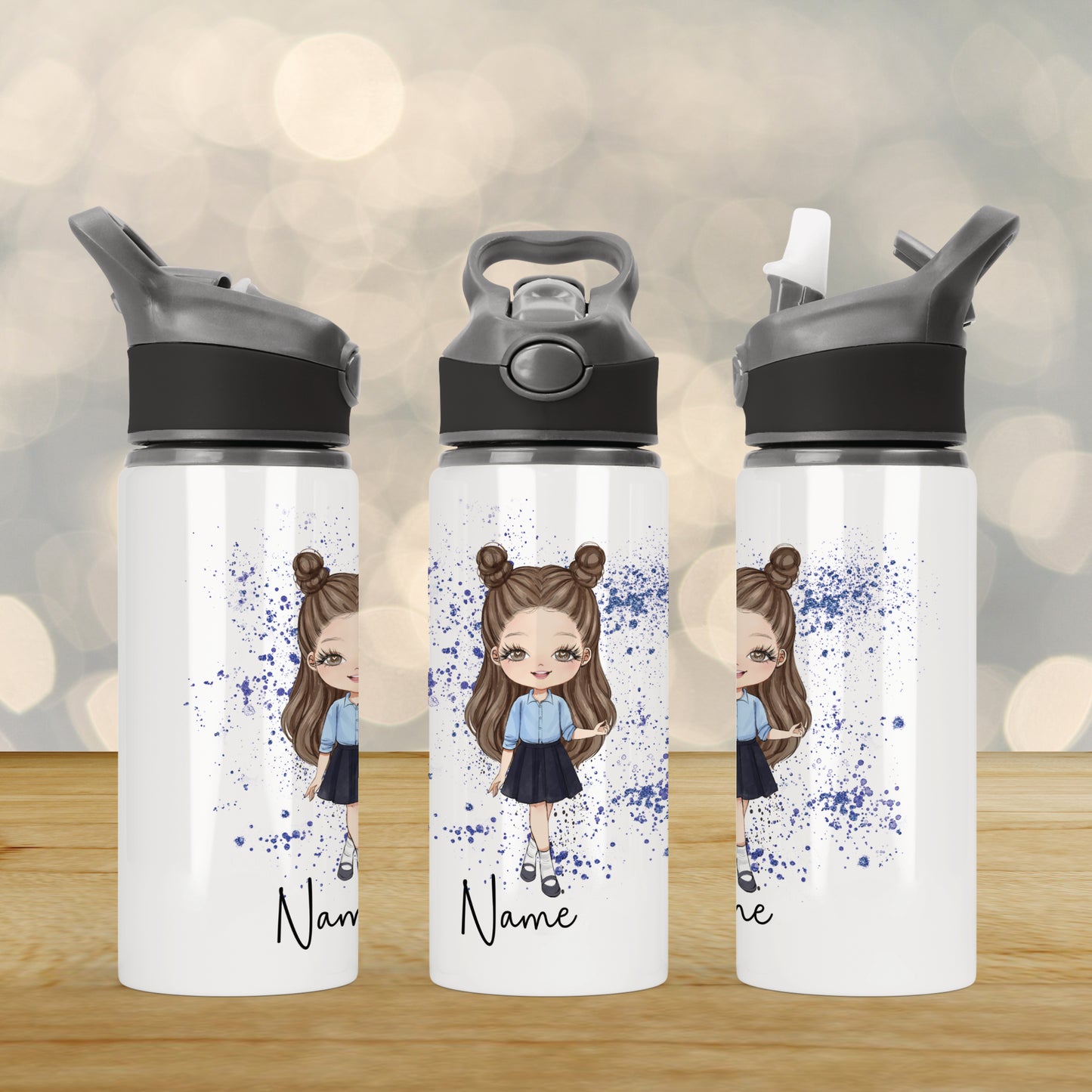 Personalised School Girl Aluminium Water Bottle with Straw