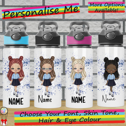 Personalised School Girl Aluminium Water Bottle with Straw