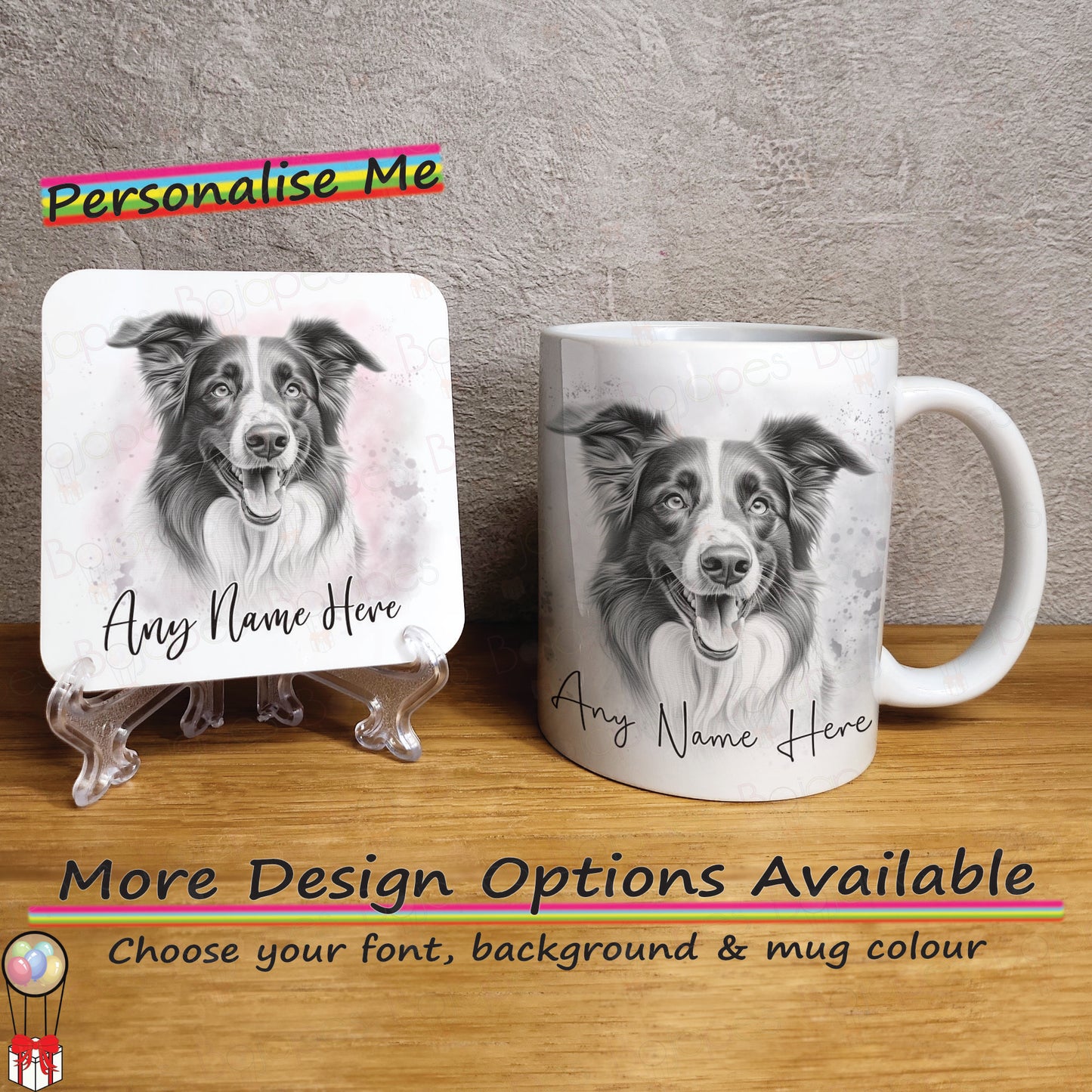 Personalised Sketched Border Collie 11oz Ceramic Mug & Coaster Set