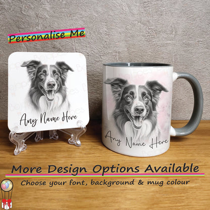 Custom Dog Mug, Personalised Sketched Border Collie Mug & Coaster Set