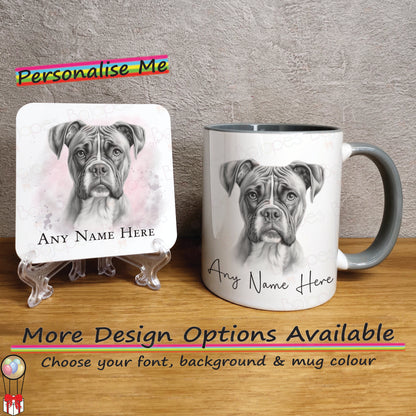 Custom Dog Mug, Personalised Sketched Boxer Dog Mug & Coaster Set