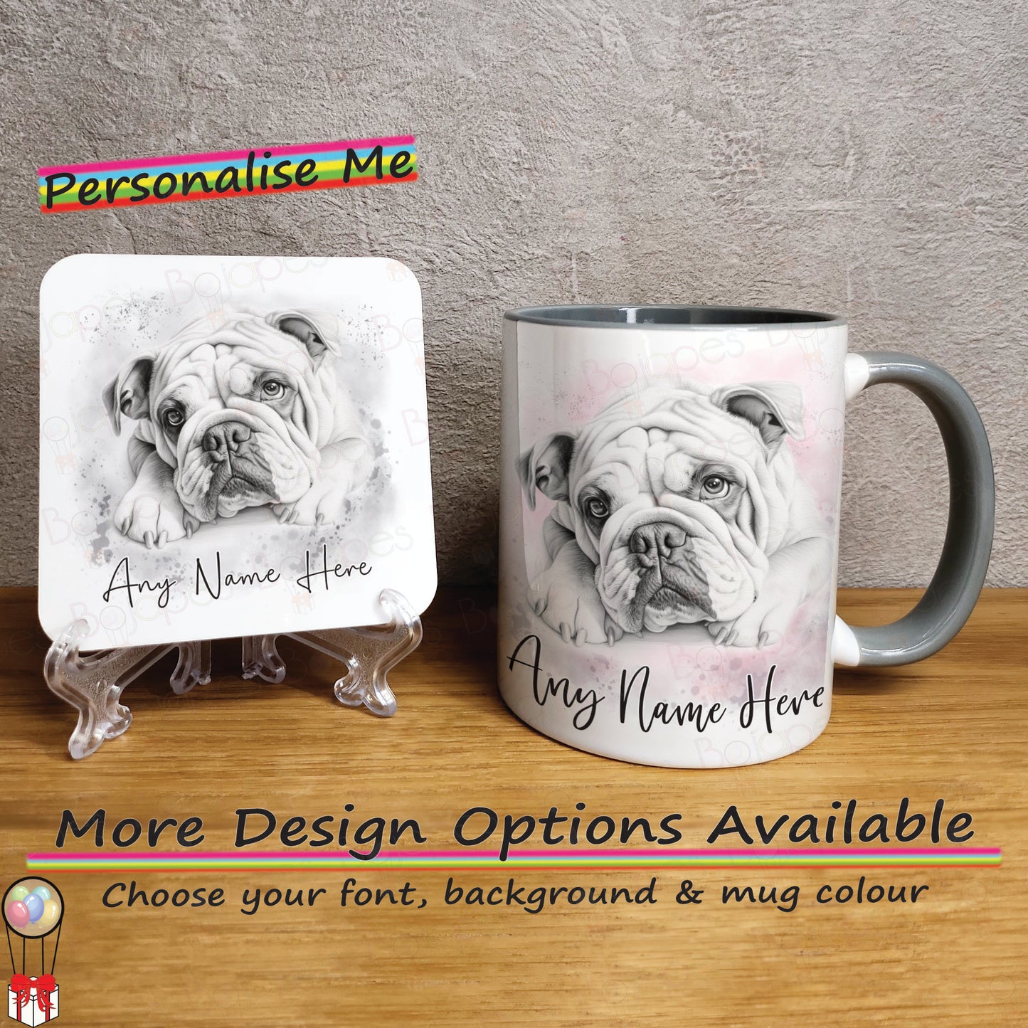 Personalised Sketched Bulldog Mug & Coaster Set, Custom Dog Mug