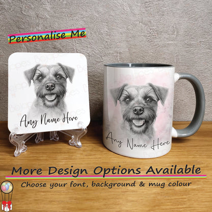 Custom Sketched Border Terrier Mug & Coaster Set, Personalised Dog Mug