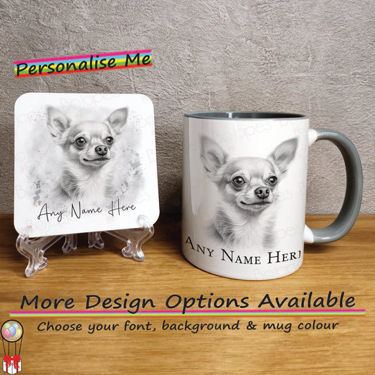 Custom Dog Mug, Personalised Sketched Chihuahua Mug & Coaster Set