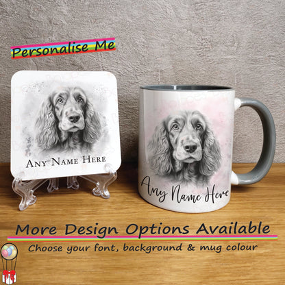 Personalised Cocker Spaniel Mug & Coaster Set, Custom Sketched Dog Mug