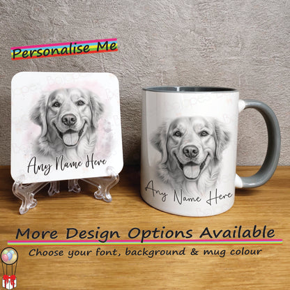 Personalised Golden Retriever Mug, Sketched Dog Mug & Coaster Set