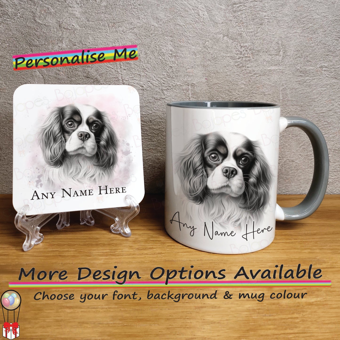 Custom Sketched King Charles Cavlier Mug & Coaster Set, Personalised Dog Mug