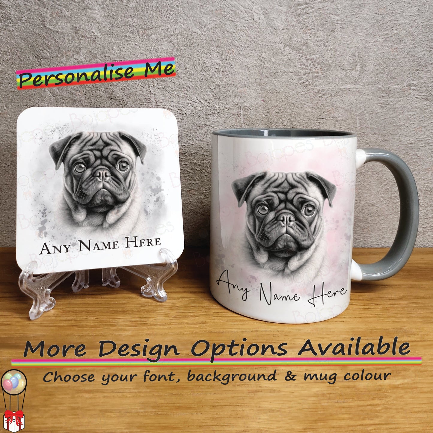 Custom Sketched Pug Mug & Coaster Set, Personalised Dog Mug