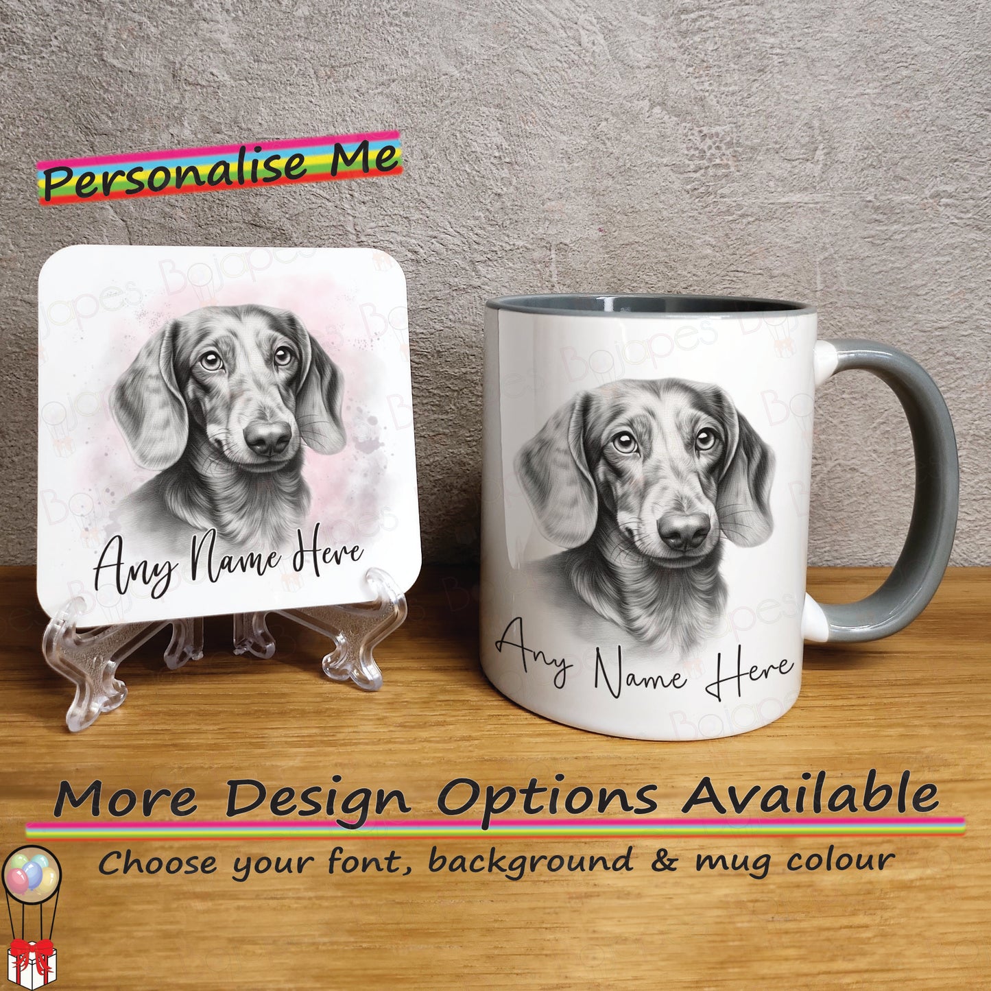 Custom Sketched Daschund Mug, Personalised Mug & Coaster Set