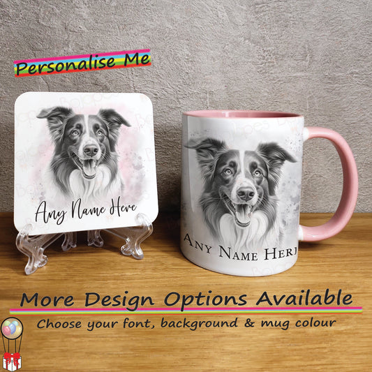 Personalised Dog Mug, Custom Sketched Border Collie Mug & Coaster Set