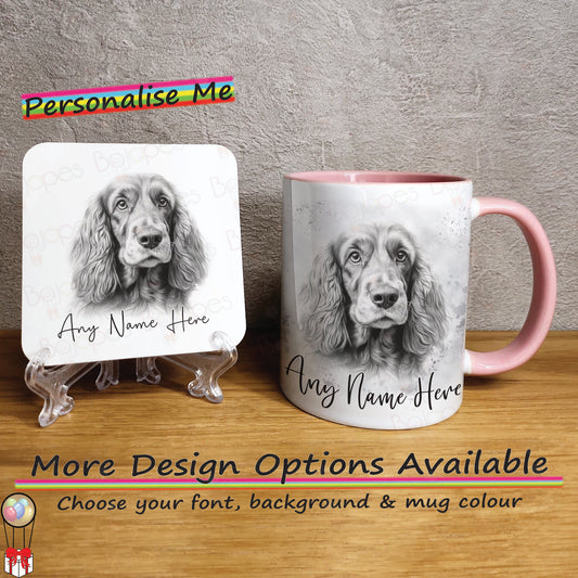 Custom Cocker Spaniel Mug & Coaster Set, Personalised Sketched Dog Mug