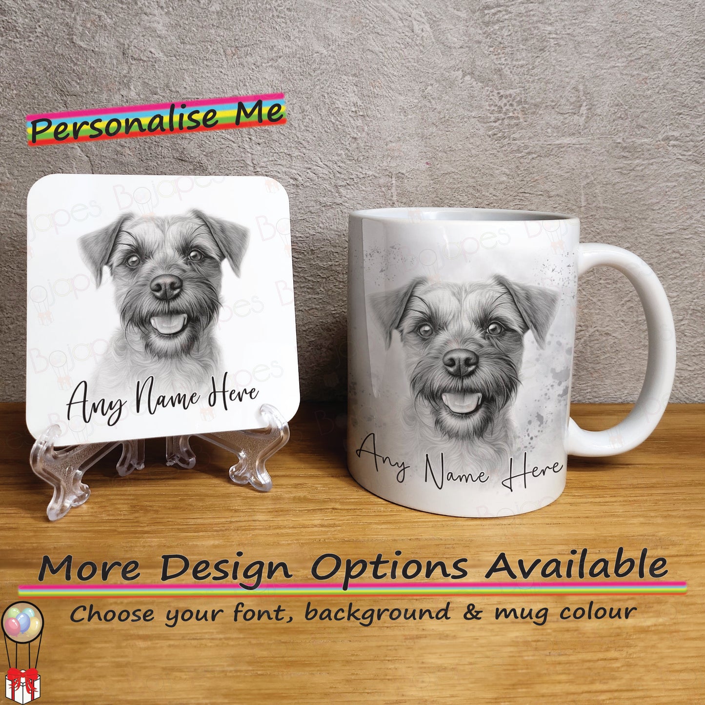 Personalised Sketched Border Terrier Mug & Coaster Set, Custom Dog Mug