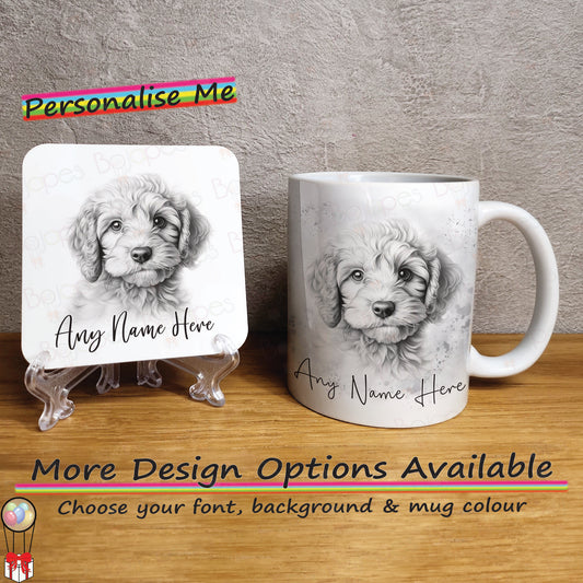 Custom Dog Mug, Personalised Sketched Cockapoo Mug & Coaster Set