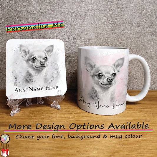 Personalised Sketched Chihuahua Mug, Custom Dog Mug & Coaster Set