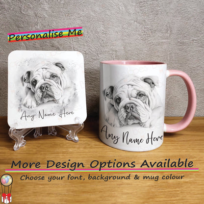 Custom Sketched Bulldog Mug & Coaster Set, Personalised Dog Mug