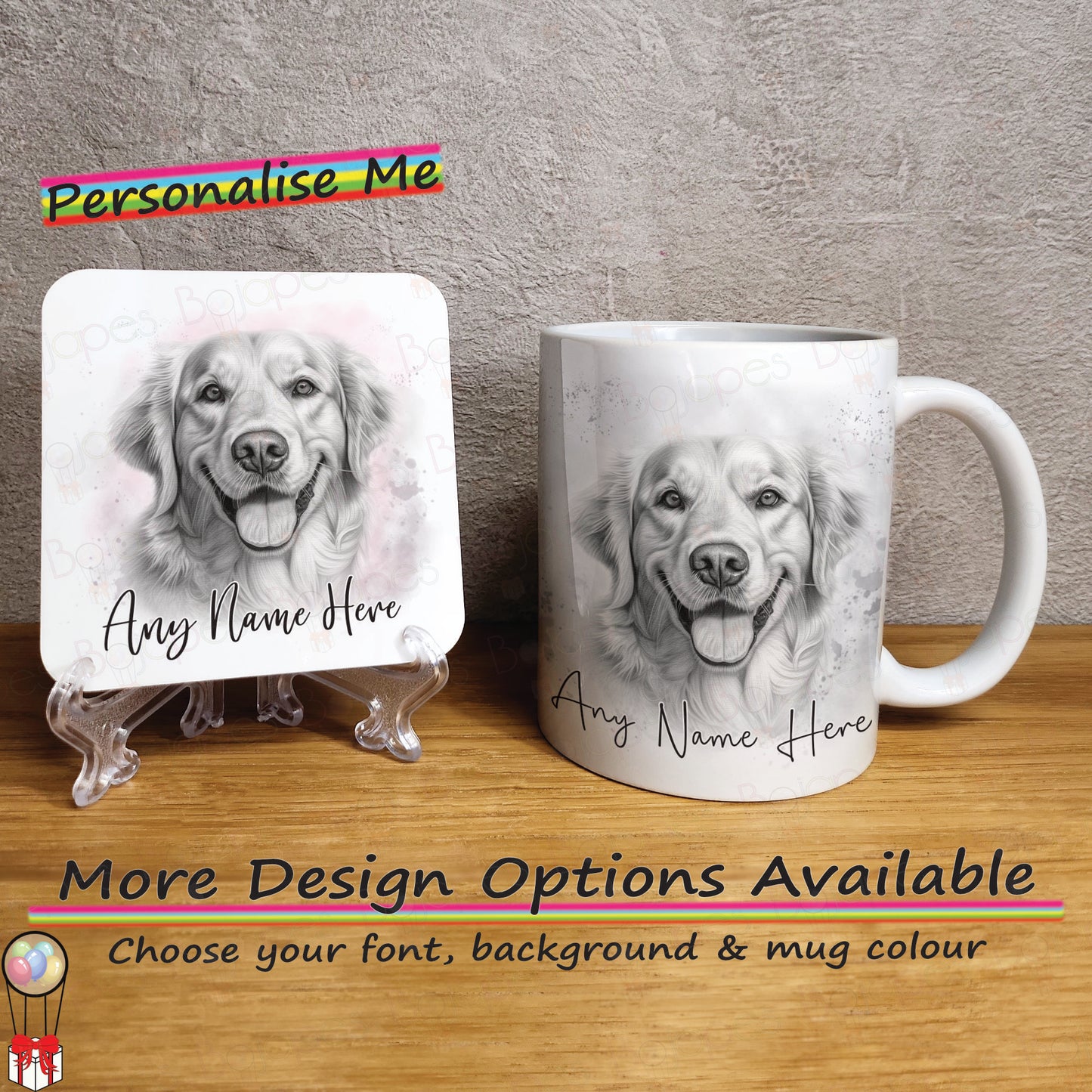 Custom Golden Retriever Mug, Sketched Personalised Dog Mug & Coaster Set