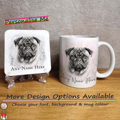 Custom Sketched Dog Mug, Personalised Pug Mug & Coaster Set