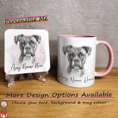 Custom Dog Mug & Coaster Set, Personalised Sketched Boxer Dog Mug