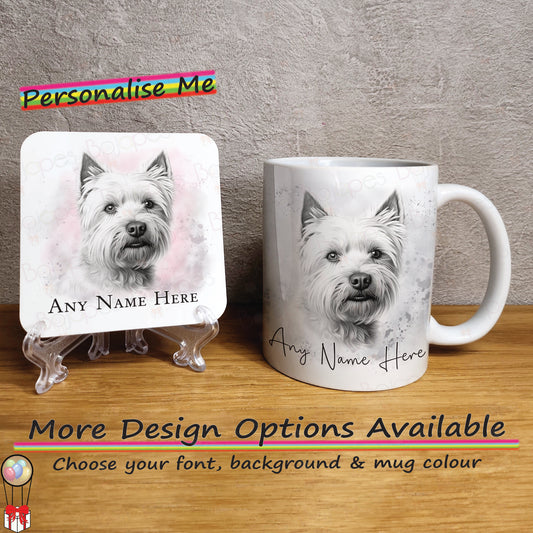 Personalised Sketched Westie Mug & Coaster Set