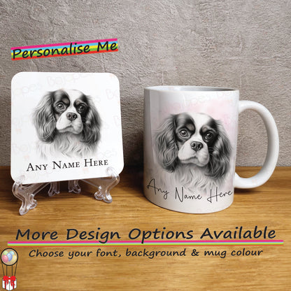 Personalised Sketched King Charles Cavlier Mug , Custom Dog Mug & Coaster Set