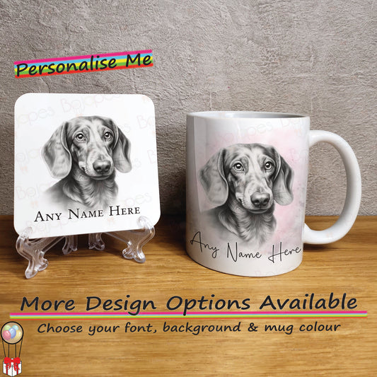 Personalised Daschund Mug & Coaster Set, Custom Sketched Mug