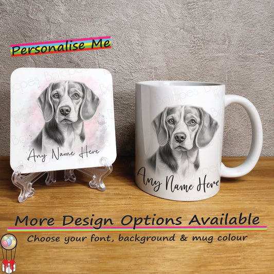 Custom Sketched Beagle Mug & Coaster Set, Personalised Dog Mug