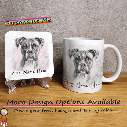 Personalised Sketched Boxer Dog 11oz Ceramic Mug & Coaster Set