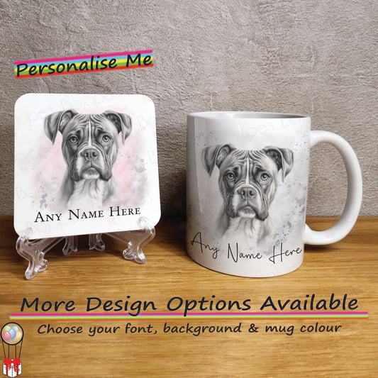 Personalised Sketched Boxer Dog 11oz Ceramic Mug & Coaster Set