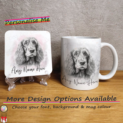 Personalised Sketched Cocker Spaniel 11oz Ceramic Mug & Coaster Set